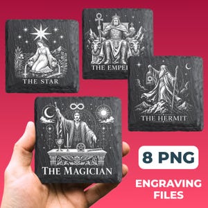 May include: Four square black slate coasters featuring white engraved tarot card designs. The cards depicted are The Star, The Emperor, The Hermit, and The Magician. Each coaster displays detailed illustrations and the corresponding card title in white text.