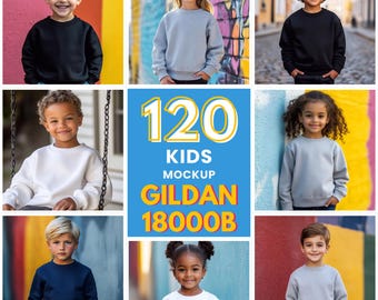 Gildan 18000B Kinder Sweatshirt Mockup Bundle (120 PNG / JPEG-Dateien)