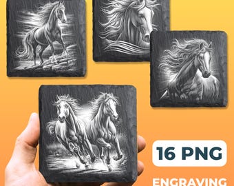 Puede incluir: Cuatro posavasos cuadrados de pizarra negra con ilustraciones grabadas en blanco de caballos. Tres posavasos muestran retratos de caballos, uno muestra dos caballos corriendo. El texto 16 PNG ENGRAVING FILES aparece en un recuadro blanco.