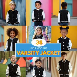 May include: 38 Kids Mockup Varsity Jacket. A collage of photos showing children wearing black and white varsity jackets with white sleeves and a black body. The jackets have a white stripe around the collar and cuffs. The children are standing in front of colorful backgrounds.
