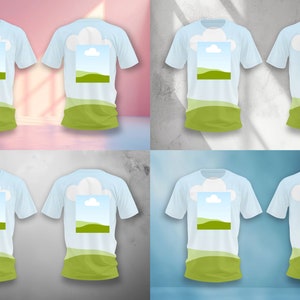 K&ouml;nnte beinhalten: Sechs hellblaue T-Shirts mit einem grafischen Design aus einem gr&uuml;nen Feld, einem blauen Himmel und einer wei&szlig;en Wolke. Die T-Shirts werden auf verschiedenen farbigen Hintergr&uuml;nden gezeigt.
