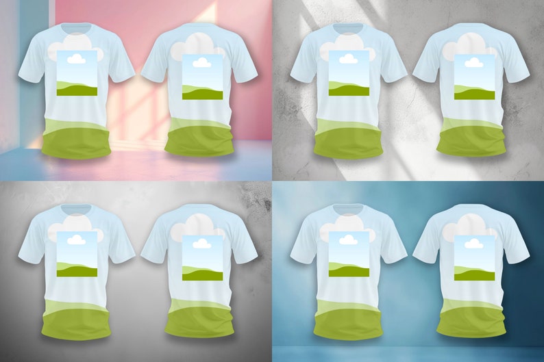 K&ouml;nnte beinhalten: Sechs hellblaue T-Shirts mit einem grafischen Design aus einem gr&uuml;nen Feld, einem blauen Himmel und einer wei&szlig;en Wolke. Die T-Shirts werden auf verschiedenen farbigen Hintergr&uuml;nden gezeigt.