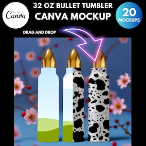 May include: Three 32 oz bullet tumblers with different designs. The tumblers are made of stainless steel and have a gold lid. The designs are a green and blue landscape, a black and white cow print, and a white and black cow print. The tumblers are on a blue background with pink flowers.