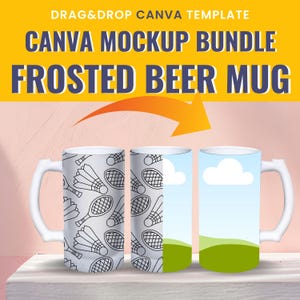 May include: Three frosted beer mugs with different designs. The first mug has a pattern of badminton rackets and shuttlecocks. The second mug has a half-and-half design with the badminton pattern on one side and a blue sky with a white cloud on the other. The third mug has a blue sky with a white cloud and a green grassy hill.