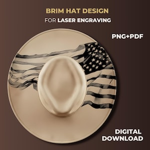 Könnte beinhalten: Ein beiges Krempenhut-Design für die Lasergravur. Der Hut zeigt eine detaillierte Illustration der amerikanischen Flagge. Der Text "Brim Hat Design For Laser Engraving", "PNG+PDF" und "DIGITAL DOWNLOAD" sind ebenfalls sichtbar.