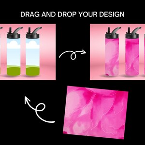 Pu&ograve; includere: Tre bottiglie d'acqua in acciaio inossidabile con tappi neri e cannucce. Le bottiglie sono su uno sfondo rosa. Le bottiglie sono vuote, pronte per essere personalizzate. Trascina e rilascia il tuo design.