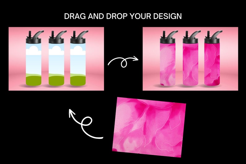Pu&ograve; includere: Tre bottiglie d'acqua in acciaio inossidabile con tappi neri e cannucce. Le bottiglie sono su uno sfondo rosa. Le bottiglie sono vuote, pronte per essere personalizzate. Trascina e rilascia il tuo design.