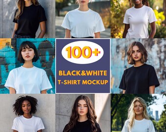 Puede incluir: Una colección de más de 100 maquetas de camisetas blancas y negras con diferentes modelos que llevan las camisetas en diversas poses y entornos.