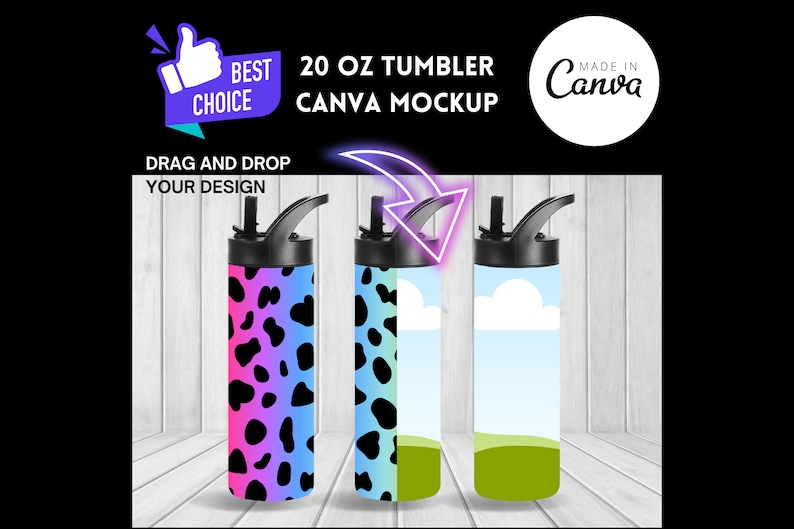 Pu&ograve; includere: Tre bicchieri in acciaio inossidabile da 20 once con coperchi neri e una cannuccia. I bicchieri sono su uno sfondo di legno. I bicchieri sono personalizzabili con un design a tua scelta. Il testo "20 OZ TUMBLER CANVA MOCKUP" &egrave; nella parte superiore dell'immagine. Il testo "DRAG AND DROP YOUR DESIGN" &egrave; sotto i bicchieri.
