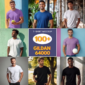 May include: A collage of nine images featuring different men wearing plain t-shirts in a variety of colours, including purple, blue, white, black, and pink. The text "T-SHIRT MOCKUP 100+ GILDAN 64000" is displayed in the centre of the collage.
