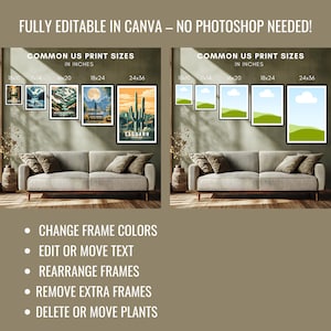 May include: A display of framed art prints in various sizes, including 45x25, 28x35, 40x50, 45x60, and 60x90 cm. The image shows a living room setting with a sofa and decorative plants. Text on the image reads: "FULLY EDITABLE IN CANVA - NO PHOTOSHOP NEEDED!"