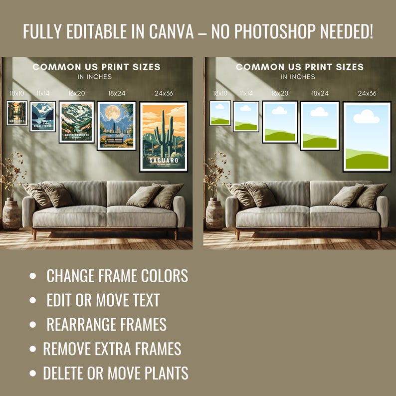 May include: A display of framed art prints in various sizes, including 45x25, 28x35, 40x50, 45x60, and 60x90 cm. The image shows a living room setting with a sofa and decorative plants. Text on the image reads: "FULLY EDITABLE IN CANVA - NO PHOTOSHOP NEEDED!"
