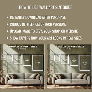 May include: Wall art size guide showing common print sizes in inches and cm. The guide includes sizes such as 18x30 inches (45.7 x 76.2 cm), 11x14 inches (27.9 x 35.6 cm), 16x20 inches (40.6 x 50.8 cm), 18x24 inches (45.7 x 61 cm), and 24x36 inches (61 x 91.4 cm).