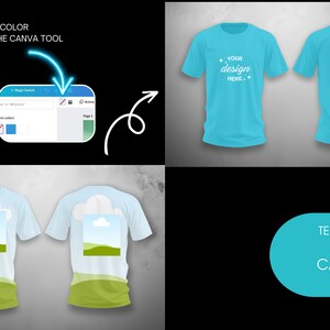 K&ouml;nnte beinhalten: Zwei blaue T-Shirts mit dem Text "YOUR design HERE." bedruckt. Ein drittes T-Shirt hat eine Grafik mit blauem Himmel und gr&uuml;nen H&uuml;geln. Das Bild enth&auml;lt Anweisungen, wie man die Farbe der T-Shirts mit dem Canva-Tool bearbeitet. Der Text "TEMPLATE for CANVA only" ist ebenfalls enthalten.