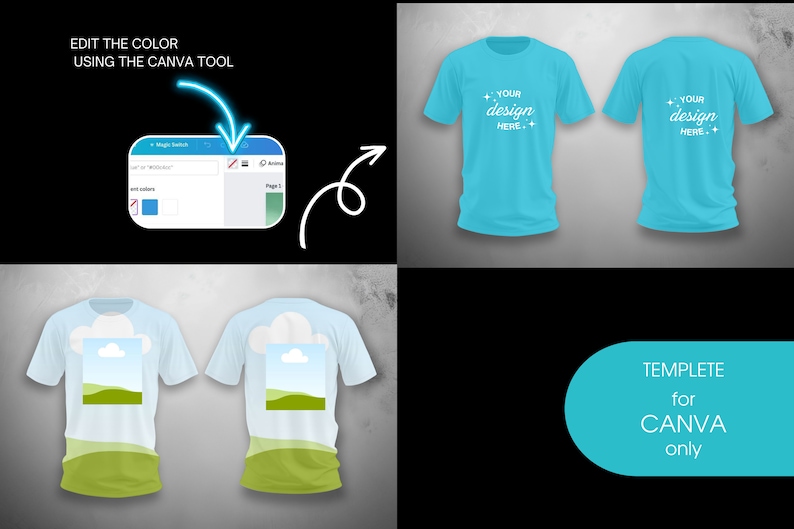 K&ouml;nnte beinhalten: Zwei blaue T-Shirts mit dem Text "YOUR design HERE." bedruckt. Ein drittes T-Shirt hat eine Grafik mit blauem Himmel und gr&uuml;nen H&uuml;geln. Das Bild enth&auml;lt Anweisungen, wie man die Farbe der T-Shirts mit dem Canva-Tool bearbeitet. Der Text "TEMPLATE for CANVA only" ist ebenfalls enthalten.