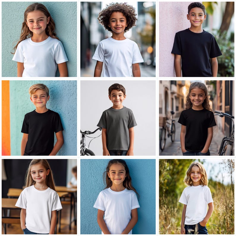 K&ouml;nnte beinhalten: Neun Kinder tragen T-Shirts in verschiedenen Farben. Die T-Shirts sind alle einfarbig und haben keine Grafiken oder Designs. Die Kinder schauen alle in die Kamera.