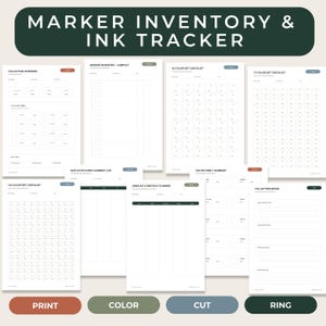May include: A digital marker inventory and ink tracker set featuring multiple printable pages. Sheets include collection overviews, compact inventory logs, 48, 72, and 120-color set checklists, duplicate logs, wishlists, and collection notes.