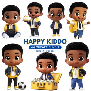 Happy Boy Clipart Bundle | 44 PNG, Cartoon African American Baby Boy