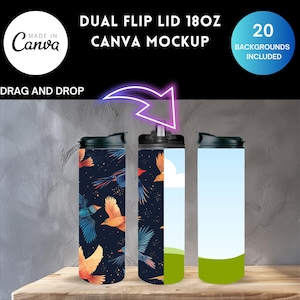 May include: Three 18 ounce dual flip lid tumblers. One tumbler has a colourful design of birds on a dark blue background. The second tumbler has a blue and green gradient design with a white cloud. The third tumbler has a blue and green gradient design with a green bottom.