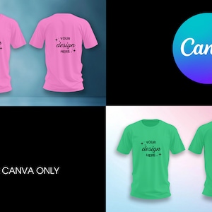 K&ouml;nnte beinhalten: Zwei rosa T-Shirts mit dem Text "YOUR design HERE." auf Vorder- und R&uuml;ckseite bedruckt. Zwei gr&uuml;ne T-Shirts mit dem gleichen Text auf Vorder- und R&uuml;ckseite bedruckt. Das Bild enth&auml;lt das Canva-Logo.