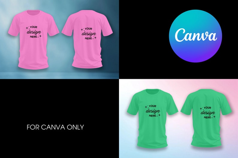 K&ouml;nnte beinhalten: Zwei rosa T-Shirts mit dem Text "YOUR design HERE." auf Vorder- und R&uuml;ckseite bedruckt. Zwei gr&uuml;ne T-Shirts mit dem gleichen Text auf Vorder- und R&uuml;ckseite bedruckt. Das Bild enth&auml;lt das Canva-Logo.