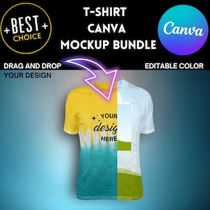 Könnte beinhalten: Ein Mockup-Paket mit T-Shirt-Designs für Canva. Das Bild zeigt ein gelbes, blaues und grünes Batik-T-Shirt mit einem weißen Rechteck zum Hinzufügen von Text oder einem Design. Der Text "YOUR desig HERE" ist auf dem T-Shirt sichtbar. Der Text "T-SHIRT CANVA MOCKUP BUNDLE" befindet sich oben im Bild. Der Text "EDITABLE COLOR" befindet sich unten im Bild.