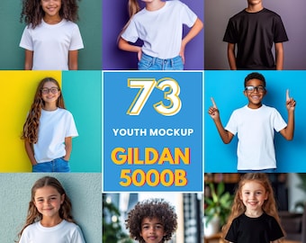 May include: A collage of nine images featuring children wearing white and black t-shirts. The center image features the text "73 Youth Mockup Gildan 5000B".