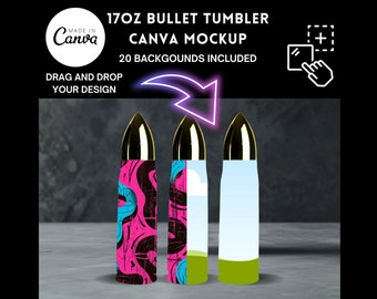 May include: Three 17oz bullet-shaped tumblers with different designs. The tumblers are gold with a black, pink, and blue design, a blue and white design, and a green and white design. The tumblers are on a gray surface. 20 backgrounds included.