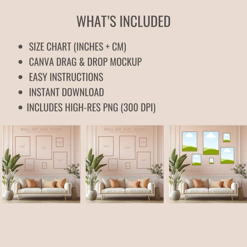 Wall Art Size Guide + Editable Canva Mockup | Printable Frame Size ...