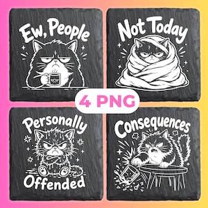 May include: Four square black slate coasters with white illustrations of grumpy cats and humorous phrases: "Ew, People," "Not Today," "Personally Offended," and "Consequences." The coasters are perfect for home decor.