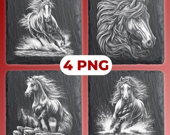 Puede incluir: Cuatro posavasos cuadrados de pizarra con ilustraciones de caballos en escala de grises. Cada posavasos presenta una imagen diferente de un caballo, incluyendo un caballo corriendo y una cabeza de caballo. El texto "4 PNG" está en un óvalo blanco.