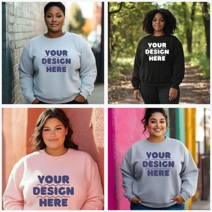 Puede incluir: Cuatro modelos que llevan sudaderas de diferentes colores con el texto "YOUR DESIGN HERE" impreso en la parte delantera. Las sudaderas est&aacute;n disponibles en gris, negro, rosa y gris claro.