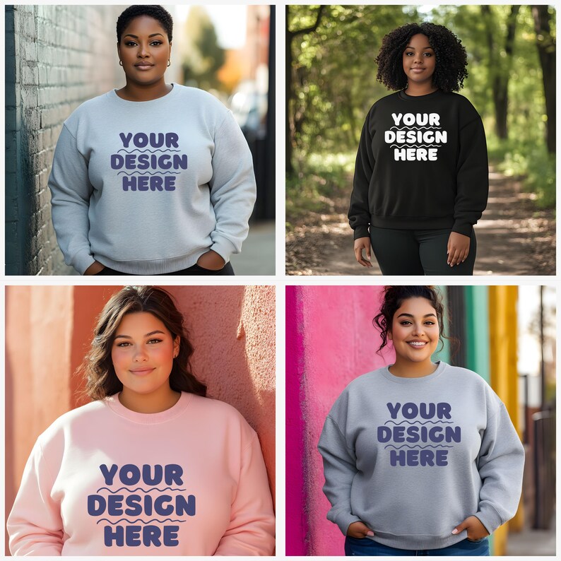 Puede incluir: Cuatro modelos que llevan sudaderas de diferentes colores con el texto "YOUR DESIGN HERE" impreso en la parte delantera. Las sudaderas est&aacute;n disponibles en gris, negro, rosa y gris claro.