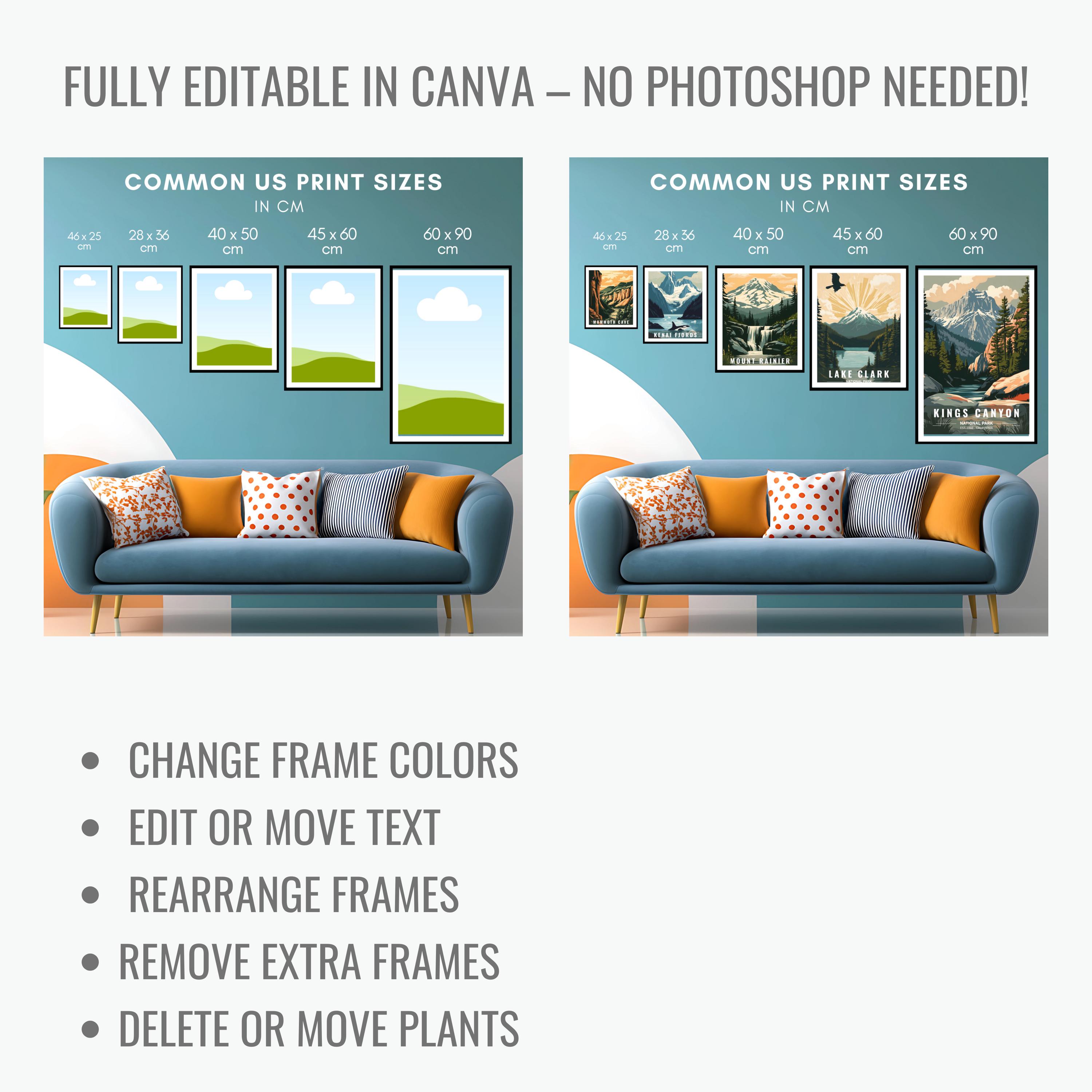 Editable Wall Art Size Guide, Customizable CANVA Mockup, Print Chart in ...