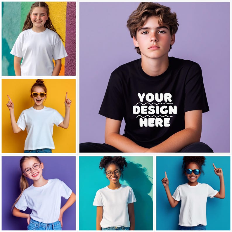 K&ouml;nnte beinhalten: F&uuml;nf Personen tragen wei&szlig;e T-Shirts, einige mit dem Text "YOUR DESIGN HERE". Die Personen stehen vor verschiedenen farbigen Hintergr&uuml;nden.