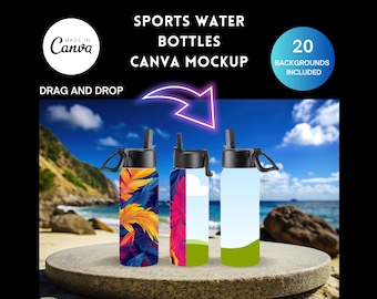 Maqueta de botella de agua deportiva en formato CANVA, color blanco y con tapa con asa de boca ancha