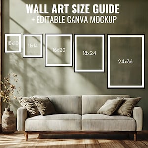編集可能なウォールアートのサイズガイド CANVA モックアップ、アートプリントのサイズ表、インチ + CM オプション