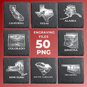 Puede incluir: Una colección de nueve posavasos cuadrados de pizarra, cada uno grabado con un contorno estatal y una escena paisajística. Los estados incluyen California, Texas, Alaska, Colorado, Arizona, Nueva York, Carolina del Sur y Oklahoma. También está presente el texto "ENGRAVING FILES 50 PNG".