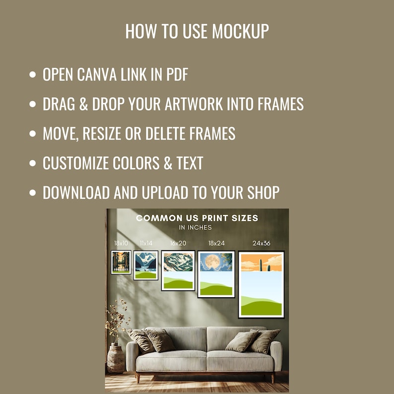 May include: A mockup guide with instructions and common US print sizes in inches. The guide includes steps on how to use the mockup, such as opening a Canva link, dragging artwork, and customising colours. The image shows framed art prints.