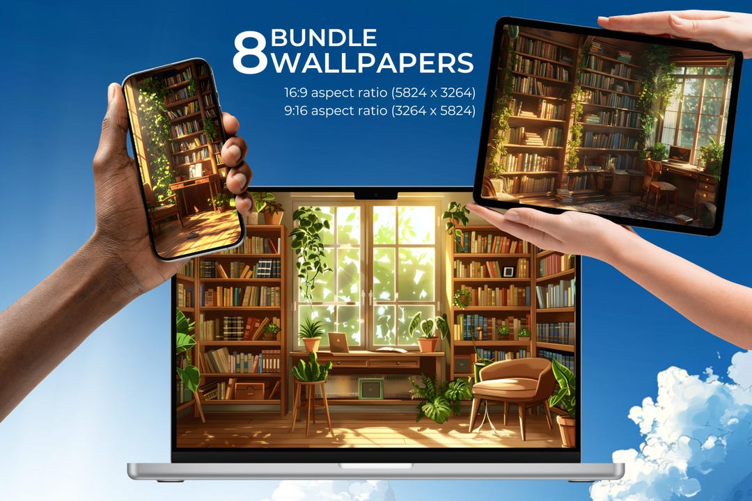 Study Nook Library Wallpapers Bundle, Digital Backgrounds for Desktop ...