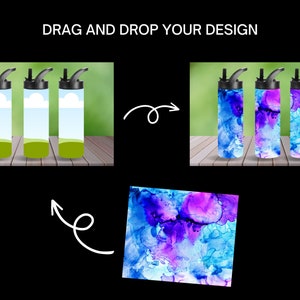 Pu&ograve; includere: Tre bottiglie d'acqua in acciaio inossidabile con tappi neri e cannucce. Le bottiglie sono su una superficie di legno con uno sfondo verde. Le bottiglie sono vuote, pronte per essere personalizzate.  TRASCHINA E RILASCIA IL TUO DESIGN.