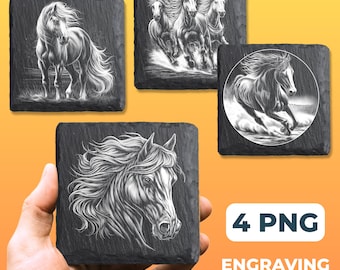 Puede incluir: Cuatro posavasos cuadrados de pizarra negra con grabados blancos de caballos. Uno muestra un caballo de pie, otro tres caballos corriendo, otro un caballo en un marco circular y el último un retrato detallado de una cabeza de caballo.