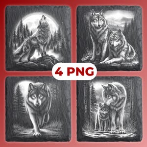 May include: Four square slate coasters with wolf illustrations. Each coaster features a different black and white image of wolves in a forest setting. One shows a wolf howling at the moon, and the others depict wolves in various poses. The text "4 PNG" is in the center.
