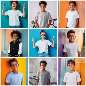 K&ouml;nnte beinhalten: Eine Collage aus neun Bildern, die Kinder zeigen, die wei&szlig;e, graue und hellblaue T-Shirts tragen. Die Kinder stehen vor bunten Hintergr&uuml;nden.