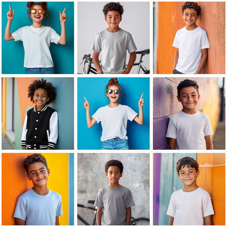 K&ouml;nnte beinhalten: Eine Collage aus neun Bildern, die Kinder zeigen, die wei&szlig;e, graue und hellblaue T-Shirts tragen. Die Kinder stehen vor bunten Hintergr&uuml;nden.