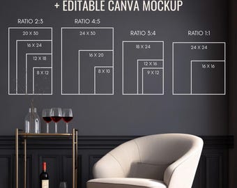 May include: Wall art size guide with editable Canva mockup. The guide displays various rectangular sizes, including 50.8x76.2cm, 40.6x61cm, 30.5x45.7cm, and 20.3x30.5cm, along with other ratios. A gold bar cart with wine glasses and a bottle of wine is in the foreground.