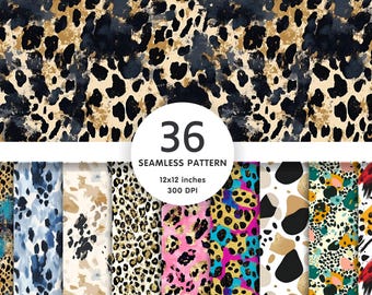 Leopard Print Seamless Patterns, 36 Digital Paper Set, Animal Print Backgrounds for Sublimation, Commercial Use, 12x12 inches, 300 DPI