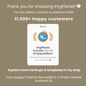 May include: A graphic with the text "Thank you for choosing ImgPlanet!" and "11,000+ happy customers." A logo with the text "ImgPlanet" is also visible. The text "ImgPlanet is in the Top 1% of Etsy Sellers!" is also present.