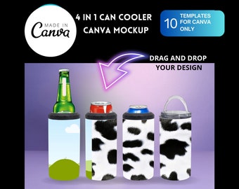 4-in-1 Can Cooler Mockup: Full Wrap Template for Canva (Digital Download)