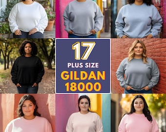 Puede incluir: Siete sudaderas de cuello redondo de diferentes colores en tallas grandes. Las sudaderas están hechas por Gildan y están etiquetadas como 18000.